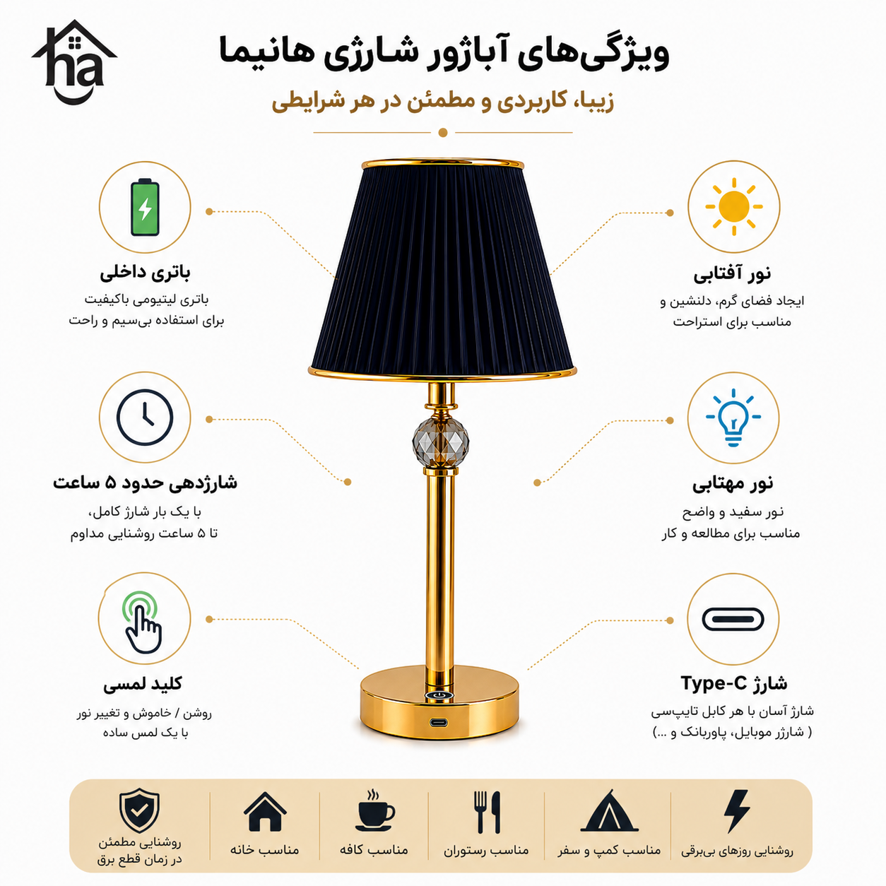 آباژور شارژی رومیزی مدل آریون